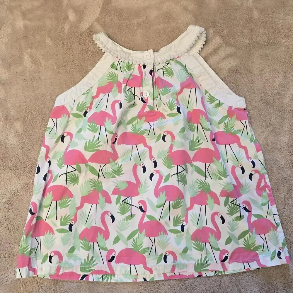 Gymboree Girls White Pink Green Flamingo Printed Blouse Shirt Top Size 6